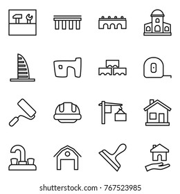 Thin line icon set : tools, bridge, mansion, skyscraper, slum, block wall, measuring tape, repair, building helmet, loading, home, water tap, barn, scraper, housing