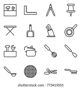 Thin line icon set : tools, ruler, drawing compasses, pin, iron board, scoop, stands for knives, pan, repair, steam, whisk, spatula, ladle, sieve, scissors, brush