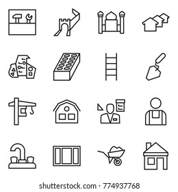 Thin line icon set : tools, greate wall, minaret, houses, modern architecture, brick, stairs, construction, tower crane, house, architector, workman, water tap, window, wheelbarrow