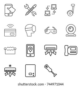 thin line icon set : touch, pencil wrench, notebook connect, segway, tap to pay, virtual mask, smart glasses, web cam, electrostatic, mobile location, air conditioning, intercome, kitchen scales