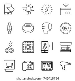 thin line icon set : touch, chip, lightning, tap to pay, smart watch, bracelet, virtual mask, crypto currency, infinity power, cpu, mobile, market scales, atm, camera, tv, hair dryer