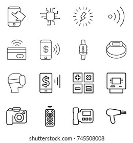 thin line icon set : touch, chip, lightning, wireless, tap to pay, phone, smart watch, bracelet, virtual mask, mobile, calculator, atm, camera, remote control, intercome, hair dryer