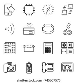 thin line icon set : touch, chip, lightning, notebook connect, wireless, tap to pay, smart bracelet, infinity power, cpu, electrostatic, calculator, camera, remote control, intercome, tv