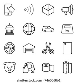 thin line icon set : touch, wireless, box, megafon, goverment house, globe, car shipping, heavy, compass, garage, scissors, cutting board, pig, dish cleanser, toilet paper, towel