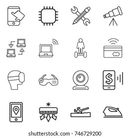 thin line icon set : touch, chip, pencil wrench, telescope, notebook connect, wireless, hoverboard, tap to pay, virtual mask, smart glasses, web cam, mobile, location, air conditioning, soil cutter