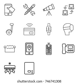thin line icon set : touch, pencil wrench, telescope, notebook connect, segway, tap to pay, smart watch, virtual mask, electrostatic, mobile location, remote control, intercome, air conditioning