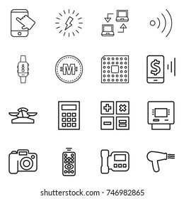 thin line icon set : touch, lightning, notebook connect, wireless, smart watch, crypto currency, cpu, mobile pay, scales, calculator, atm, camera, remote control, intercome, hair dryer