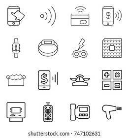 thin line icon set : touch, wireless, tap to pay, phone, smart watch, bracelet, infinity power, cpu, electrostatic, mobile, scales, calculator, atm, remote control, intercome, hair dryer