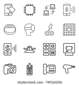 thin line icon set : touch, chip, notebook connect, phone pay, smart bracelet, virtual mask, infinity power, cpu, mobile, scales, calculator, atm, camera, remote control, intercome, hair dryer