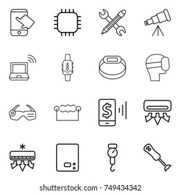 thin line icon set : touch, chip, pencil wrench, telescope, notebook wireless, smart watch, bracelet, virtual mask, glasses, electrostatic, mobile pay, air conditioning, kitchen scales, handle
