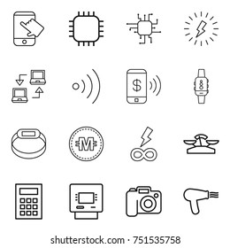 thin line icon set : touch, chip, lightning, notebook connect, wireless, phone pay, smart watch, bracelet, crypto currency, infinity power, scales, calculator, atm, camera, hair dryer