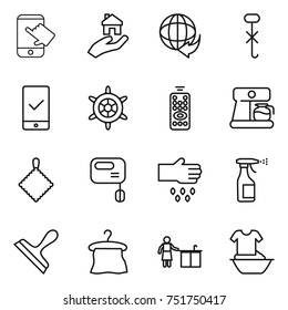 thin line icon set : touch, real estate, delivery, do not hook sign, mobile checking, handwheel, remote control, coffee maker, rag, mixer, sow, sprayer, scraper, hanger, kitchen cleaning