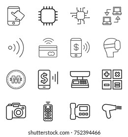 thin line icon set : touch, chip, notebook connect, wireless, tap to pay, phone, virtual mask, crypto currency, mobile, market scales, calculator, camera, remote control, intercome, hair dryer