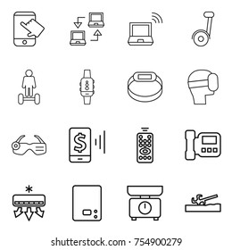 thin line icon set : touch, notebook connect, wireless, hoverboard, smart watch, bracelet, virtual mask, glasses, mobile pay, remote control, intercome, air conditioning, kitchen scales