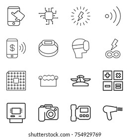 thin line icon set : touch, chip, lightning, wireless, phone pay, smart bracelet, virtual mask, infinity power, cpu, electrostatic, scales, calculator, atm, camera, intercome, hair dryer