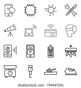 thin line icon set : touch, chip, pencil wrench, telescope, notebook wireless, tap to pay, virtual mask, mobile, location, remote control, air conditioning, kitchen scales, handle, soil cutter, iron