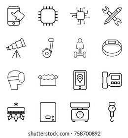 Thin line icon set : touch, chip, pencil wrench, telescope, segway, hoverboard, smart bracelet, virtual mask, electrostatic, mobile location, intercome, air conditioning, kitchen scales, handle