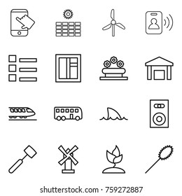 Thin line icon set : touch, sun power, windmill, pass card, list, window, flower bed, warehouse, train, bus, shark flipper, speaker, meat hammer, sprouting, duster