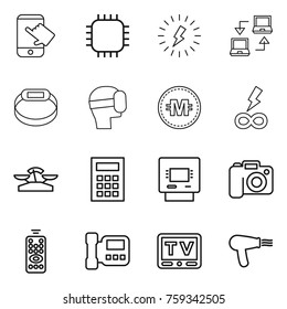 Thin line icon set : touch, chip, lightning, notebook connect, smart bracelet, virtual mask, crypto currency, infinity power, scales, calculator, atm, camera, remote control, intercome, tv