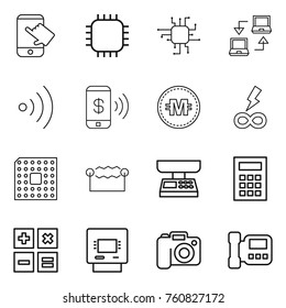 Thin line icon set : touch, chip, notebook connect, wireless, phone pay, crypto currency, infinity power, cpu, electrostatic, market scales, calculator, atm, camera, intercome