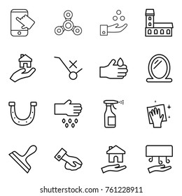 Thin line icon set : touch, spinner, chemical industry, mansion, real estate, do not trolley sign, acid, mirror, horseshoe, sow, sprayer, wiping, scraper, housing, hand dryer