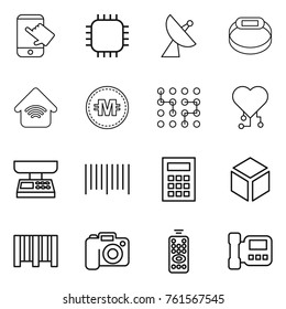 Thin line icon set : touch, chip, satellite antenna, smart bracelet, wireless home, crypto currency, cardio, market scales, bar code, calculator, 3d, camera, remote control, intercome