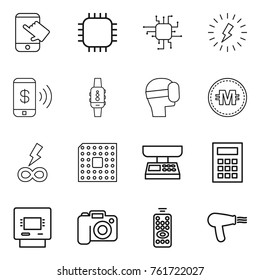 Thin line icon set : touch, chip, lightning, phone pay, smart watch, virtual mask, crypto currency, infinity power, cpu, market scales, calculator, atm, camera, remote control, hair dryer