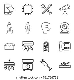 Thin line icon set : touch, chip, pencil wrench, telescope, hoverboard, smart watch, virtual mask, web cam, electrostatic, air conditioning, remote control, intercome, kitchen scales, blender
