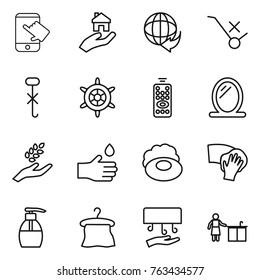 Thin line icon set : touch, real estate, delivery, do not trolley sign, hook, handwheel, remote control, mirror, harvest, hand drop, soap, wiping, liquid, hanger, dryer, kitchen cleaning