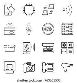 Thin line icon set : touch, chip, notebook connect, wireless, tap to pay, smart watch, crypto currency, cpu, electrostatic, mobile, market scales, calculator, atm, camera, intercome, hair dryer