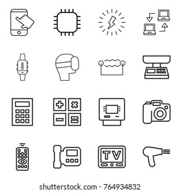 Thin line icon set : touch, chip, lightning, notebook connect, smart watch, virtual mask, electrostatic, market scales, calculator, atm, camera, remote control, intercome, tv, hair dryer