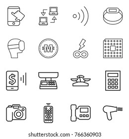 Thin line icon set : touch, notebook connect, wireless, smart bracelet, virtual mask, crypto currency, infinity power, cpu, mobile pay, market scales, calculator, camera, remote control, intercome