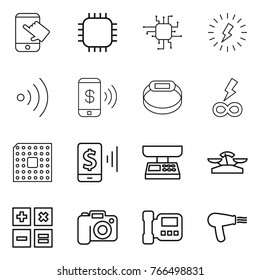 Thin line icon set : touch, chip, lightning, wireless, phone pay, smart bracelet, infinity power, cpu, mobile, market scales, calculator, camera, intercome, hair dryer