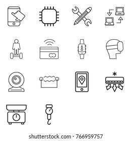 Thin line icon set : touch, chip, pencil wrench, notebook connect, hoverboard, tap to pay, smart watch, virtual mask, web cam, electrostatic, mobile location, air conditioning, kitchen scales