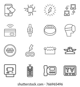 Thin line icon set : touch, chip, lightning, notebook connect, tap to pay, smart watch, bracelet, virtual mask, crypto currency, infinity power, electrostatic, scales, atm, remote control, intercome