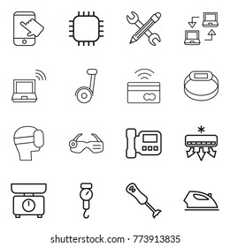 Thin line icon set : touch, chip, pencil wrench, notebook connect, wireless, segway, tap to pay, smart bracelet, virtual mask, glasses, intercome, air conditioning, kitchen scales, handle, blender