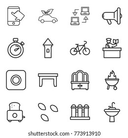 Thin line icon set : touch, eco car, notebook connect, megafon, stopwatch, tower, bike, inspector, ring button, table, dresser, bbq, toaster, seeds, grain elevator, water tap sink