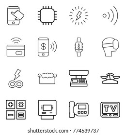 Thin line icon set : touch, chip, lightning, wireless, tap to pay, phone, smart watch, virtual mask, infinity power, electrostatic, market scales, calculator, atm, intercome, tv