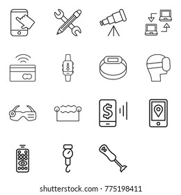 Thin line icon set : touch, pencil wrench, telescope, notebook connect, tap to pay, smart watch, bracelet, virtual mask, glasses, electrostatic, mobile, location, remote control, handle scales