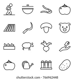 Thin line icon set : tourist, cauldron, walnut crack, tomato, field, sickle, mushroom, pig, seedling, sheep, beet, hand leaf, watering can, grain elevator, potato