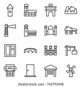 thin line icon set : tower, mansion, arch, project, lighthouse, church, minaret, house with garage, window, bridge, palace, loading, antique column, door, windmill