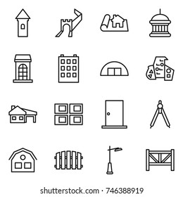 Thin Line Icon Set : Tower, Greate Wall, Project, Goverment House, Building, Hangare, Modern Architecture, With Garage, Panel, Door, Drawing Compasses, Fence, Outdoor Light, Farm