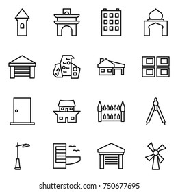 thin line icon set : tower, arch, building, minaret, garage, modern architecture, house with, panel, door, japanese, gothic, drawing compasses, outdoor light, hotel, windmill