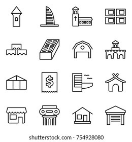 thin line icon set : tower, skyscraper, church, panel house, block wall, brick, barn, fort, greenhouse, tax, hotel, bungalow, shop, antique column, home, garage