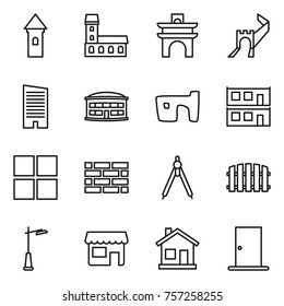 Thin line icon set : tower, mansion, arch, greate wall, skyscraper, airport building, slum, modular house, window, brick, drawing compasses, fence, outdoor light, shop, home, door