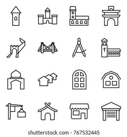 Thin line icon set : tower, castle, mansion, arch, greate wall, bridge, draw compass, church, minaret, houses, window, house, loading, bungalow, shop, garage
