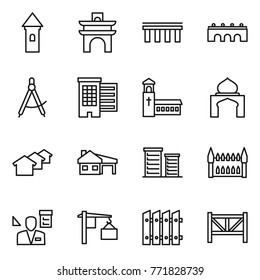 Thin line icon set : tower, arch, bridge, draw compass, houses, church, minaret, house with garage, district, gothic architecture, architector, loading, fence, farm