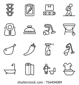 Thin line icon set : traffic light, clipboard pen, transporter tape, tourist, life vest, service bell, vacuum cleaner, bbq, chicken leg, hot pepper, sprayer, bath, paper towel, toilet cleaning