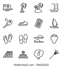 thin line icon set : trailer, palm, island, pool, tennis, jet ski, inflatable mattress, windsurfing, flip flops, slippers, berry, field, garden, rake