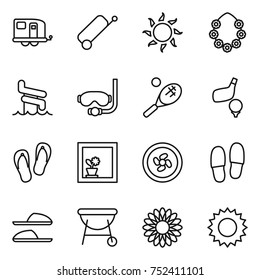 thin line icon set : trailer, suitcase, sun, hawaiian wreath, aquapark, diving mask, tennis, golf, flip flops, flower in window, cooler fan, slippers, bbq